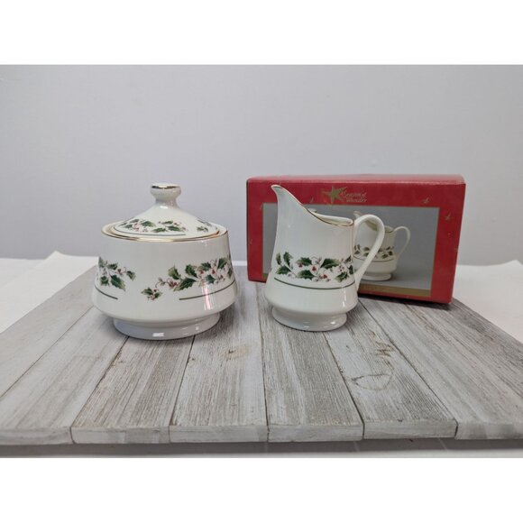 Porcelain Creamer Sugar Bowl Set "A Season Of Wonder" Christmas Holly Design - Picture 1 of 12